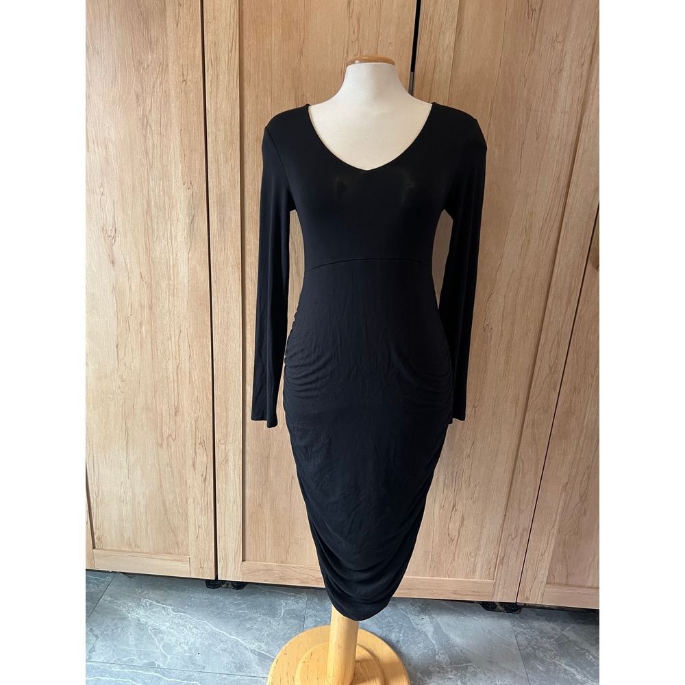 Thyme Maternity Black Long Sleeve Ruched Midi Bodycon‎ Dress Small T15-65213F